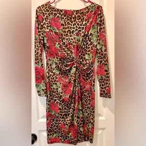 Boston Proper Long Sleeve Front Twist Sheath Dress in Leopard & Roses. ZB1